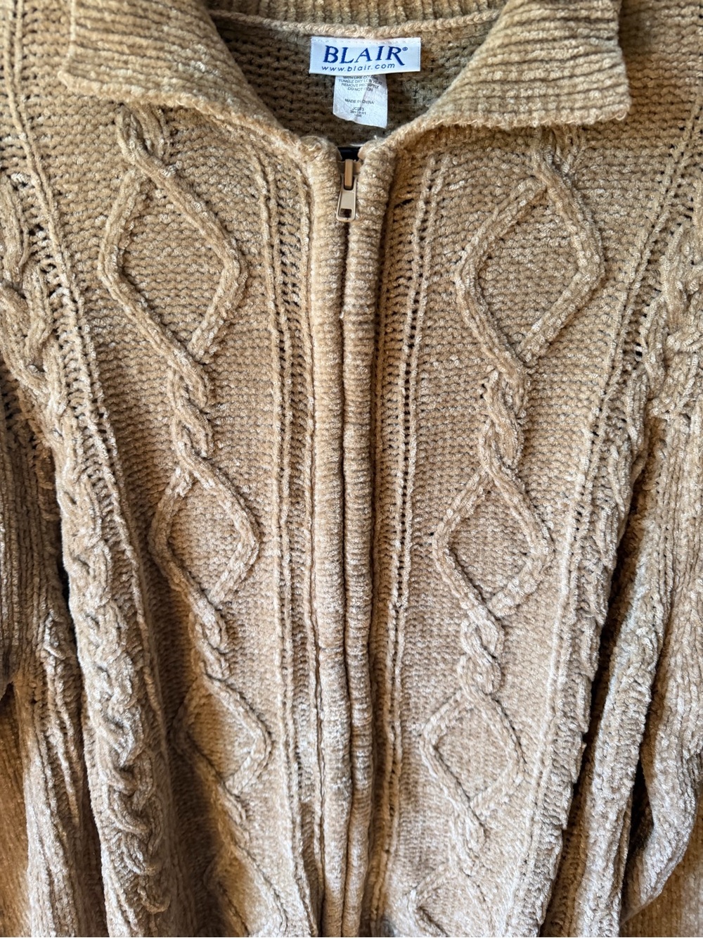 Vintage Blair Tan Cable-Knit Zip Cardigan Sweater